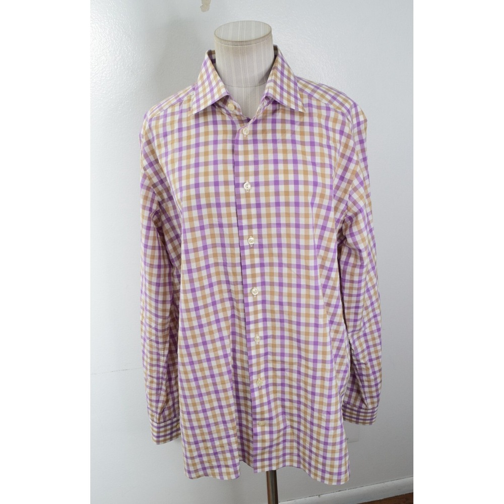 Eton Dress Shirt Large 16.5 Purple Tan Gingham Contemporary Fit LS Mens Career